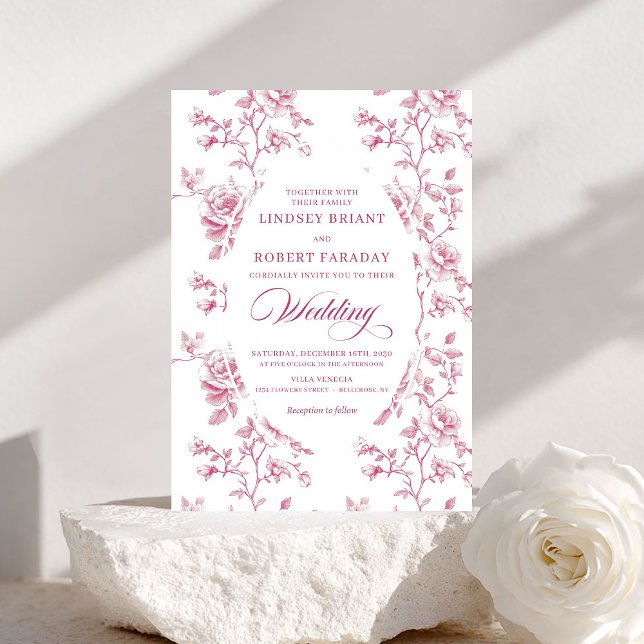 Classic Pink and White Toile Roses Wedding Invite (Classic Pink and White Toile Roses Wedding Invitation)