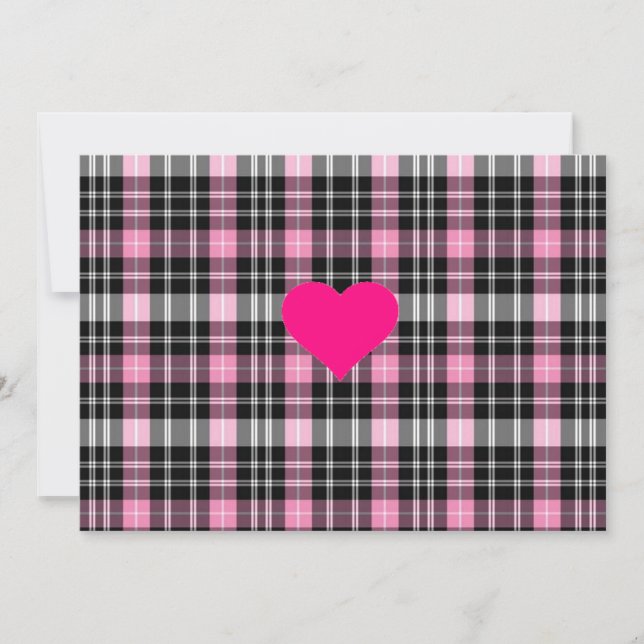 Classic Pink black plaid pattern pink heart Holiday Card (Front)