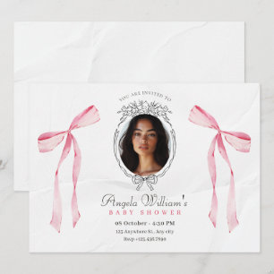 Classic pink bow elegant photo Baby shower Invitation