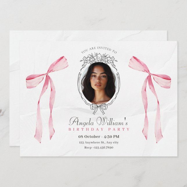 Classic pink bow elegant photo birthday invitation (Front/Back)