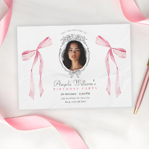 Classic pink bow elegant photo birthday invitation