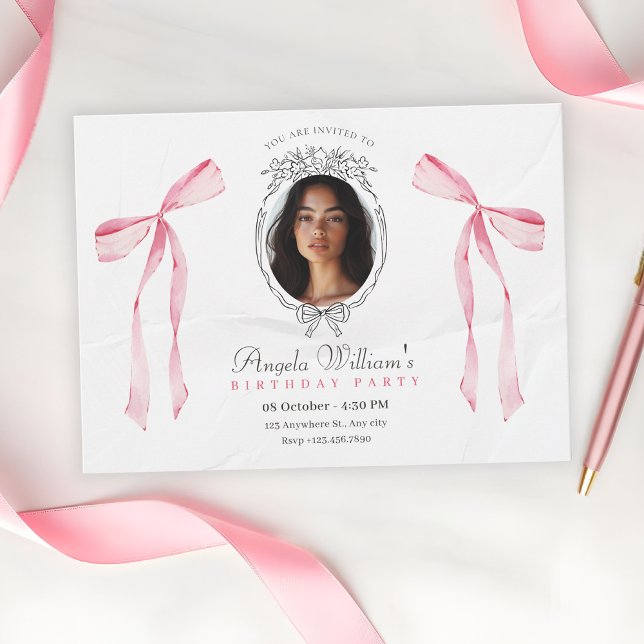 Classic pink bow elegant photo birthday invitation (Creator Uploaded)