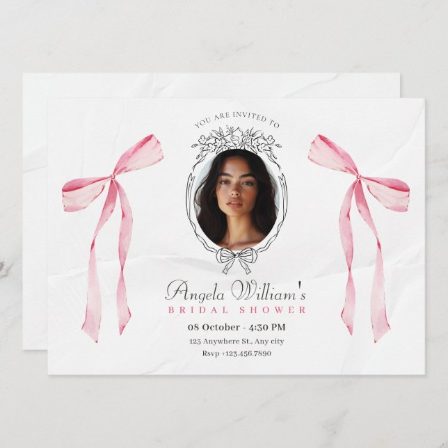 Classic pink bow elegant photo Bridal shower Invitation (Front/Back)