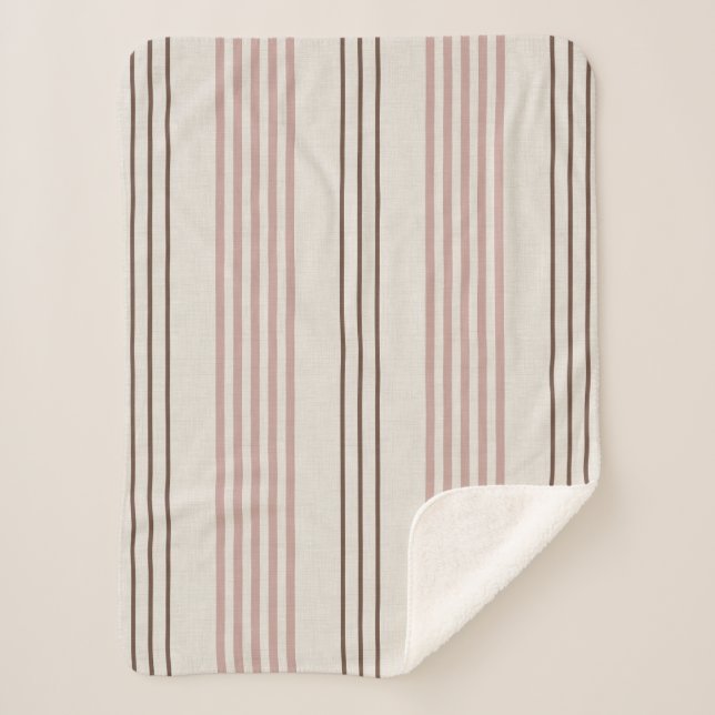 Classic Pink Brown Ticking Stripe Pattern Sherpa Blanket (Front)