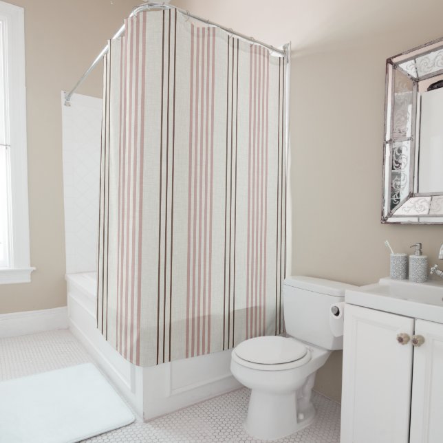 Classic Pink Brown Ticking Stripe Pattern Shower Curtain (In Situ)