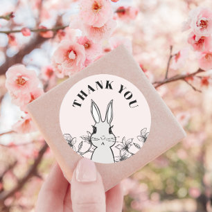 Classic Pink Bunny Floral Thank You Round Sticker