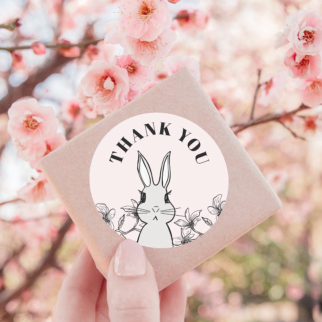 Classic Pink Bunny Floral Thank You Round Sticker (Creator Uploaded)