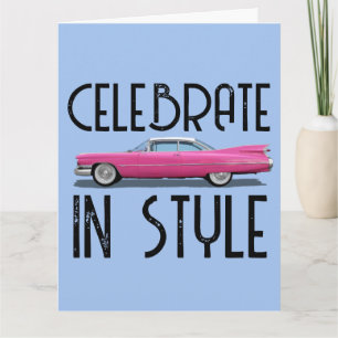 CLASSIC PINK CAR FINS BIRTHDAY CARD