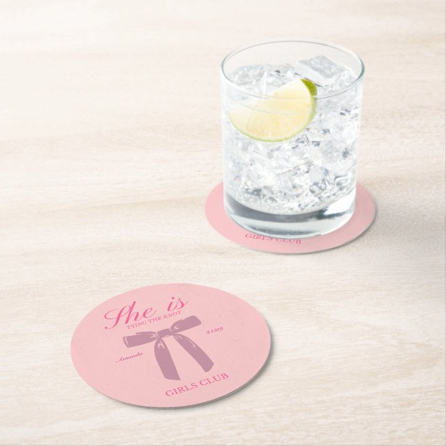 classic pink coquette bachelorette party round paper coaster (Insitu)