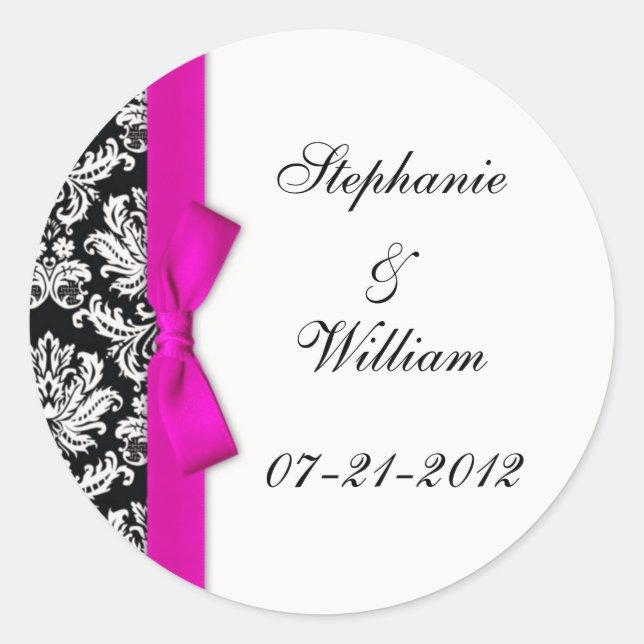 Classic Pink Damask Wedding Label (Front)