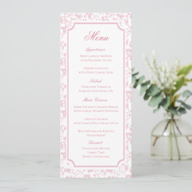 Classic Pink Floral Toile Wedding Menu (Standing Front)