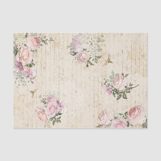 Classic Pink Florals and Text on Parchment Tissue Paper (Front)