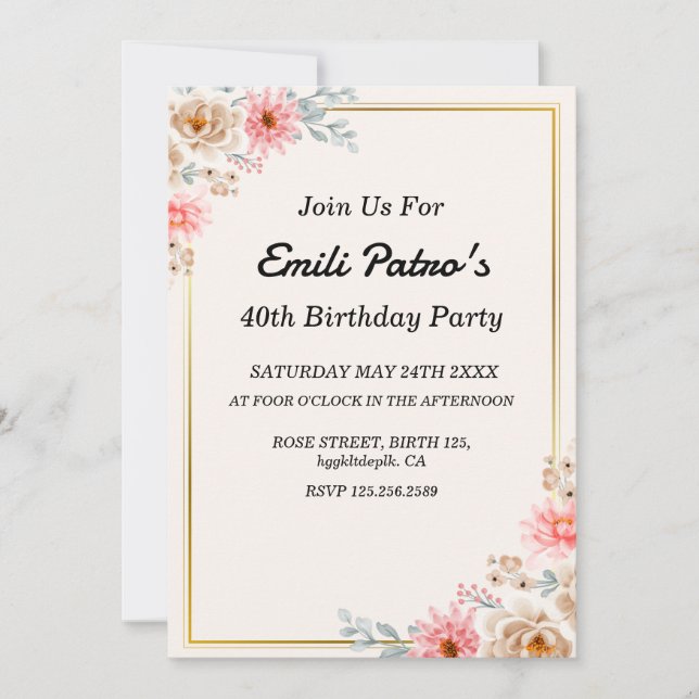 classic pink flowers 40th Birthday invitation (Front)