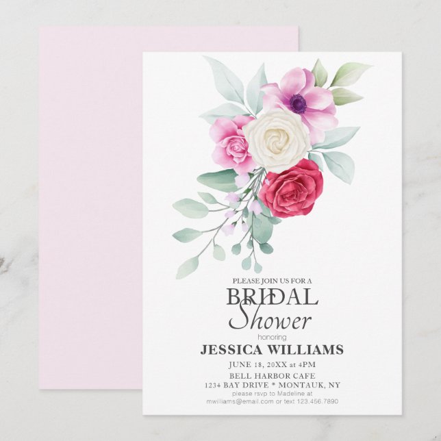 Classic Pink Flowers & Rose Bouquet Bridal Shower Invitation (Front/Back)