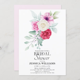 Classic Pink Flowers & Rose Bouquet Bridal Shower Invitation