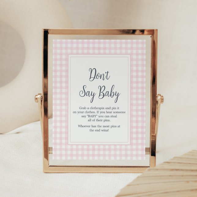 Classic Pink Gingham Baby Shower Don't Say Baby Poster (Girl Gingham Baby Shower Don't Say Baby Sign)