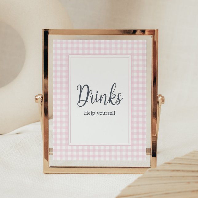 Classic Pink Gingham Baby Shower Drinks Poster (Girl Gingham Baby Shower Drinks Sign)