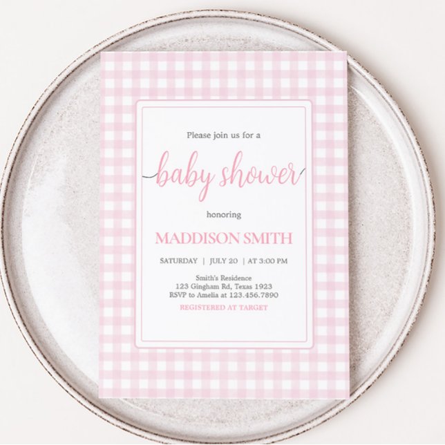 Classic Pink Gingham Baby Shower  Invitation (Girl Gingham Baby Shower Invitation)