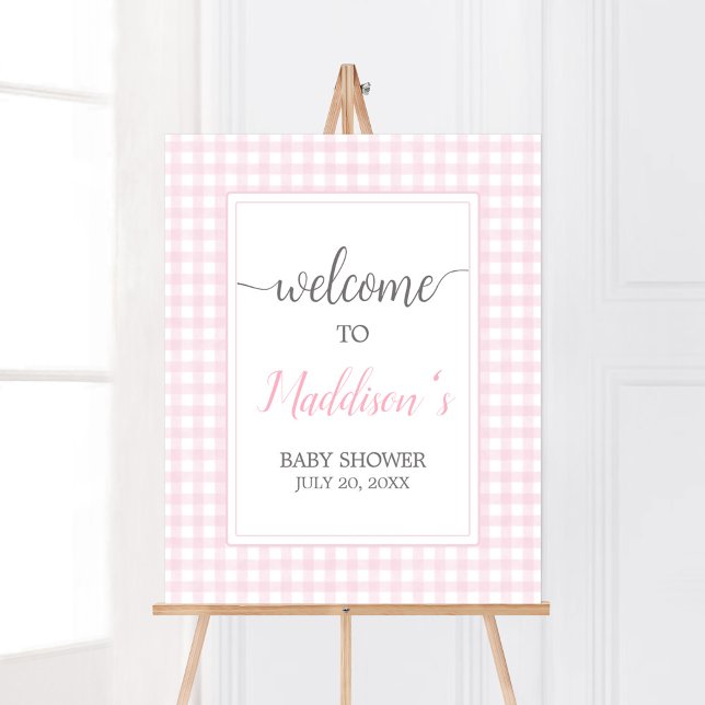 Classic Pink Gingham Baby Shower Welcome Poster (Girl Gingham Baby Shower Welcome Sign)