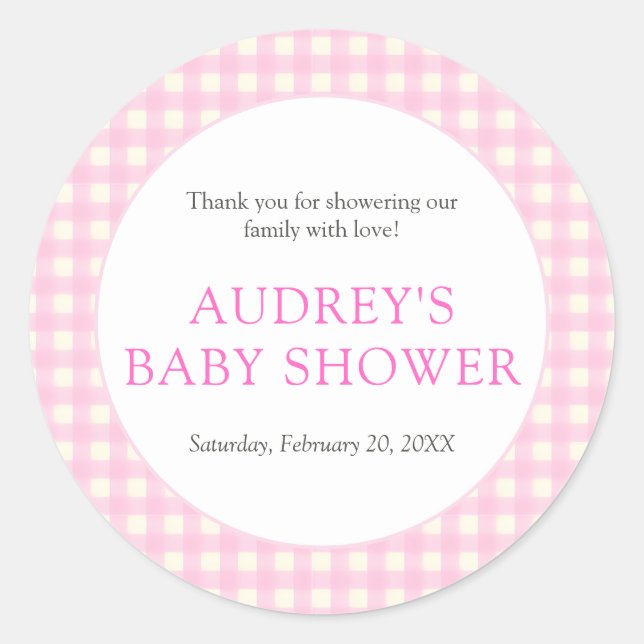 Classic Pink Gingham Girl Baby Shower Classic Round Sticker (Front)