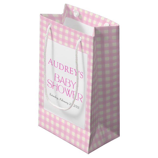 Classic Pink Gingham Girl Baby Shower Small Gift Bag (Front Angled)