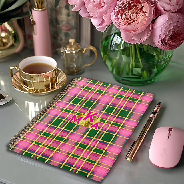 Classic Pink & Green Plaid Monogrammed  Notebook (Preppy Plaid Pink and Green Monogrammed Notebook, Glossy Softcover(shown) or Matte Hardcover)