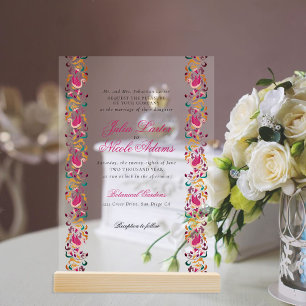 Classic Pink Green Yellow Floral Swan Bird Wedding Acrylic Invitations
