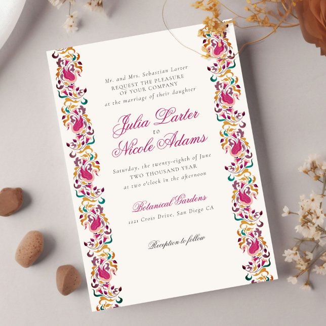 Classic Pink Green Yellow Floral Swan Bird Wedding Invitation (Creator Uploaded)
