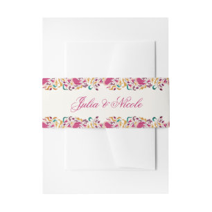 Classic Pink Green Yellow Floral Swan Bird Wedding Invitation Belly Band