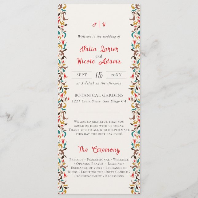 Classic Pink Green Yellow Floral Swan Bird Wedding Programme (Front)