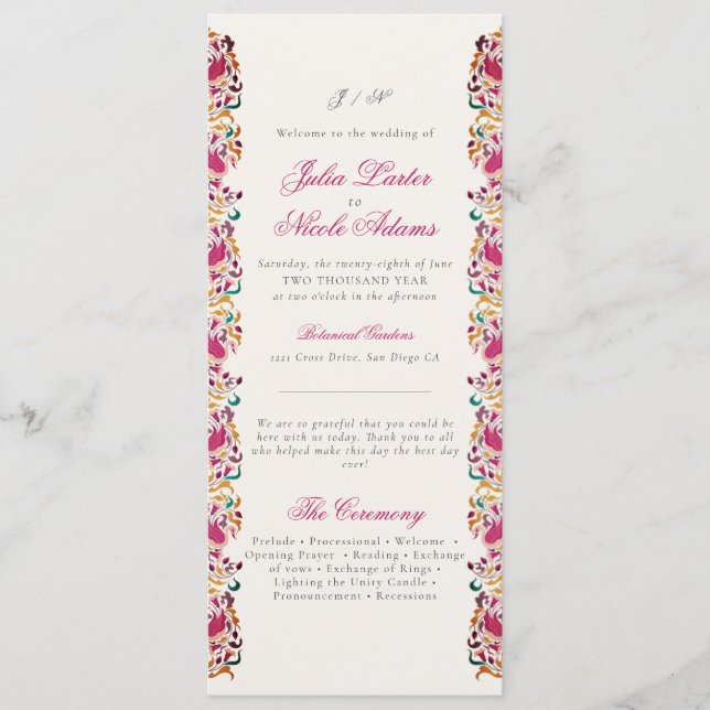 Classic Pink Green Yellow Floral Swan Bird Wedding Programme (Front)