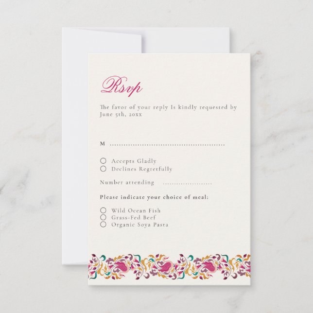 Classic Pink Green Yellow Floral Swan Bird Wedding RSVP Card (Front)