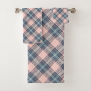 Classic Pink Grey Blue Plaid Gingham Pattern Bath Towel Set