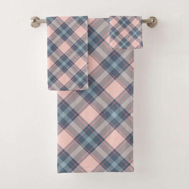 Classic Pink Grey Blue Plaid Gingham Pattern Bath Towel Set (Insitu)
