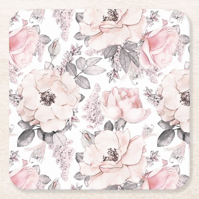 Classic Pink & Grey Pattern Square Paper Coaster (Front)