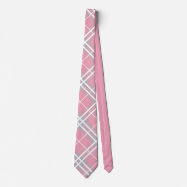 Classic Pink & Grey Tartan Plaid Tie (Front)