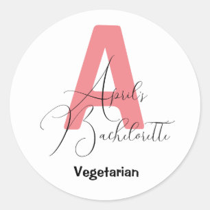 Classic Pink, name and initial bachelorette Round Sticker