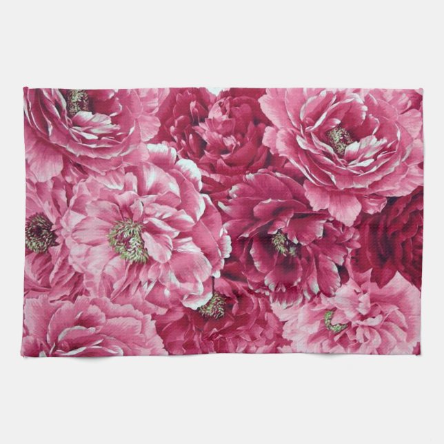 Classic Pink Peonies Clusters Floral Kitchen Towel (Horizontal)