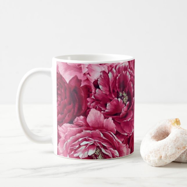 Classic Pink Peonies Clusters | Floral Mug (With Donut)