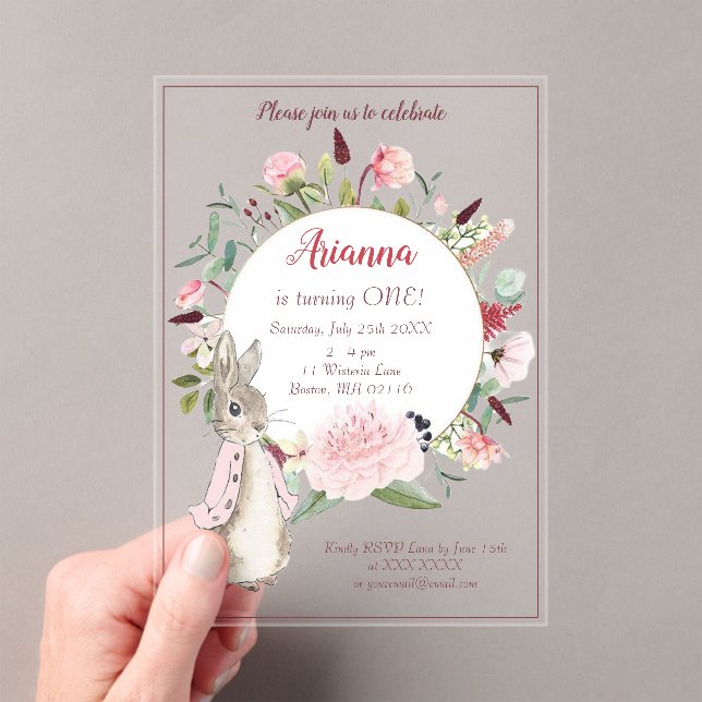 Classic Pink Peter the Rabbit Floral Birthday  Acrylic Invitations (Insitu (Handheld))