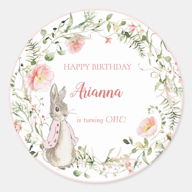 Classic Pink Peter the Rabbit Floral Birthday Classic Round Sticker (Front)