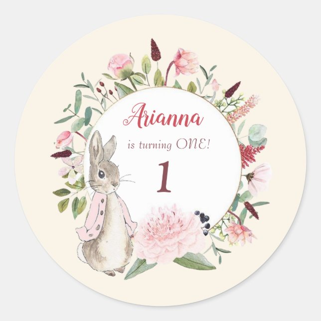 Classic Pink Peter the Rabbit Floral Birthday Classic Round Sticker (Front)