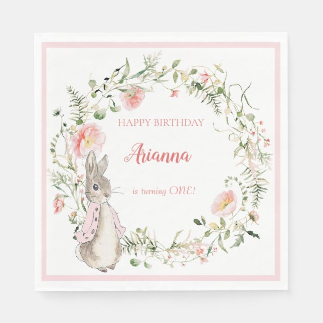 Classic Pink Peter the Rabbit Floral Birthday Napkin (Front)