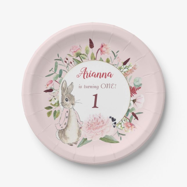 Classic Pink Peter the Rabbit Floral Birthday Paper Plate (Front)