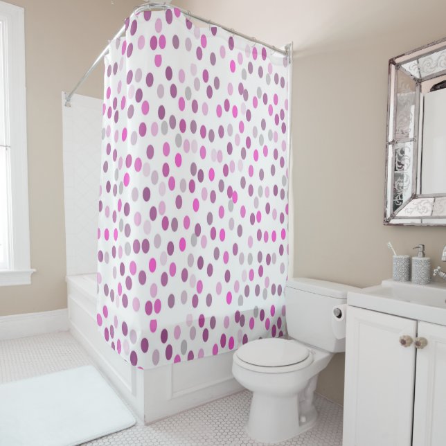 Classic Pink Polka Dots on White  Shower Curtain (In Situ)