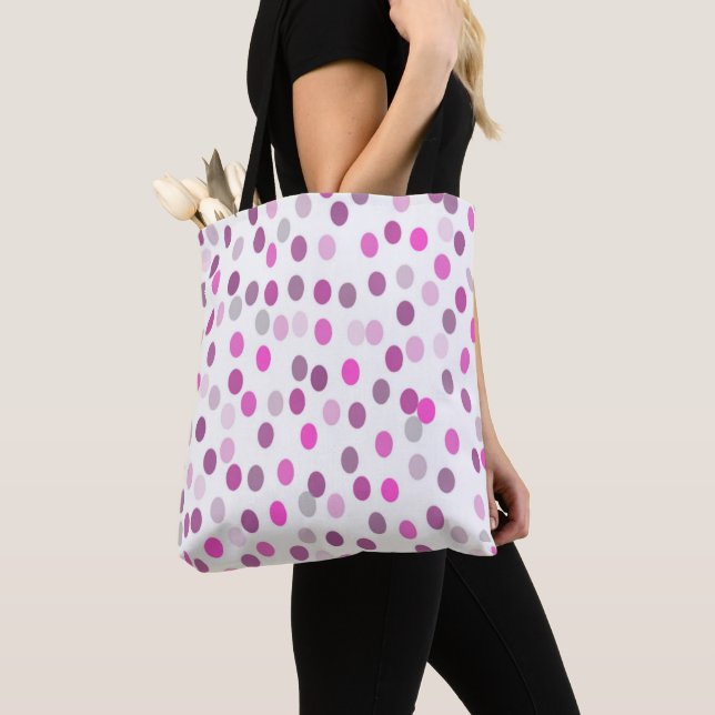 Classic Pink Polka Dots on White Tote Bag (Close Up)