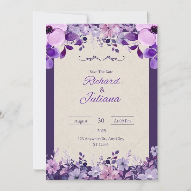 Classic Pink & Purple Floral Wedding Invitation (Front)