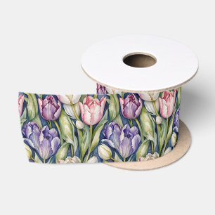 Classic Pink, Purple, Whute Tulips Satin Ribbon