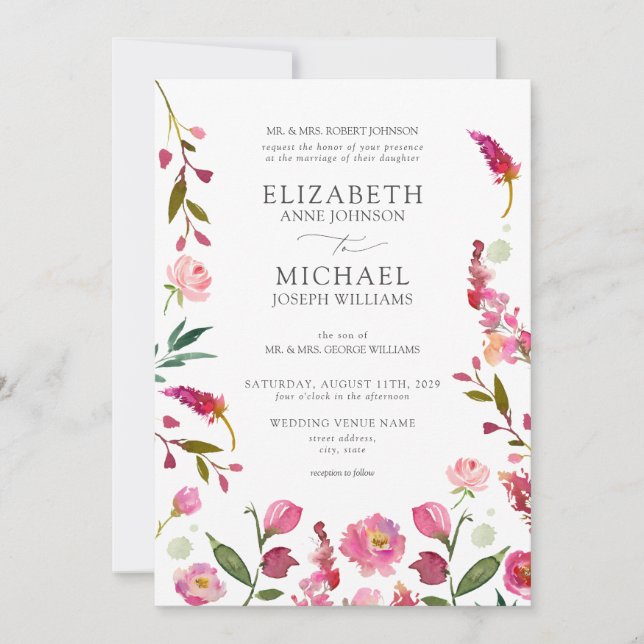 Classic Pink QR Code Watercolor Flowers Wedding Invitation (Front)