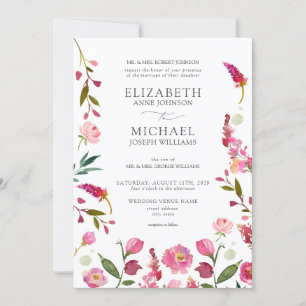 Classic Pink QR Code Watercolor Flowers Wedding Invitation